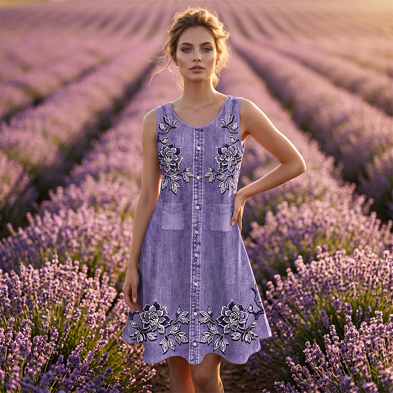 Vesper - Robe femme sans manches à fleurs avec boutons