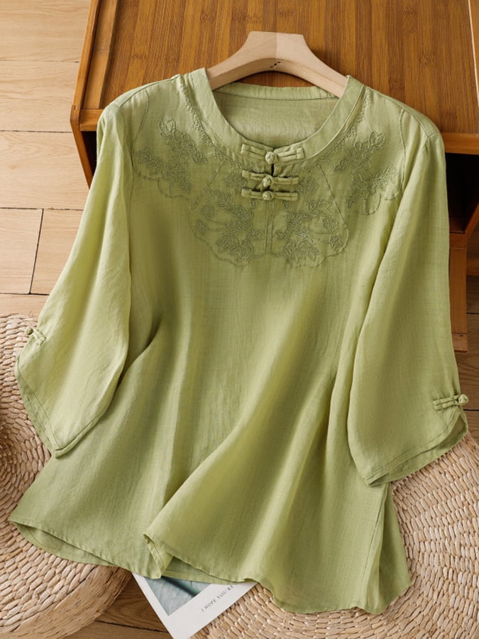 Myrvella™ - Top femme brodé col rond style naturel coton lin