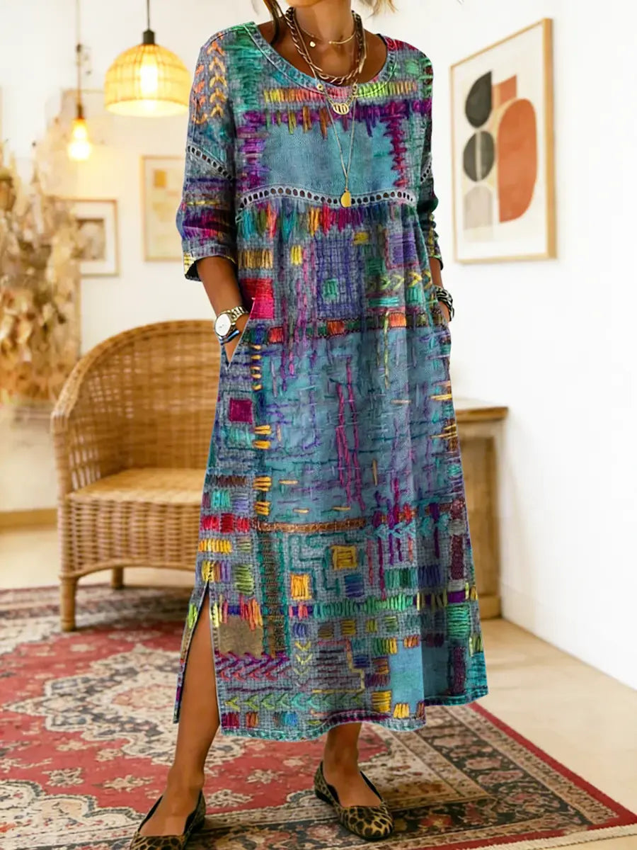Lunethra™ - Robe Denim Patchwork Ethnique Femme