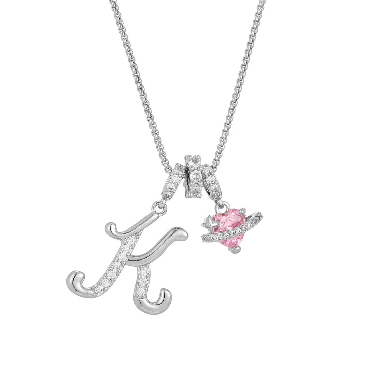 Carmelle™ - Collier Initiale Avec Cœur Rose Brillant