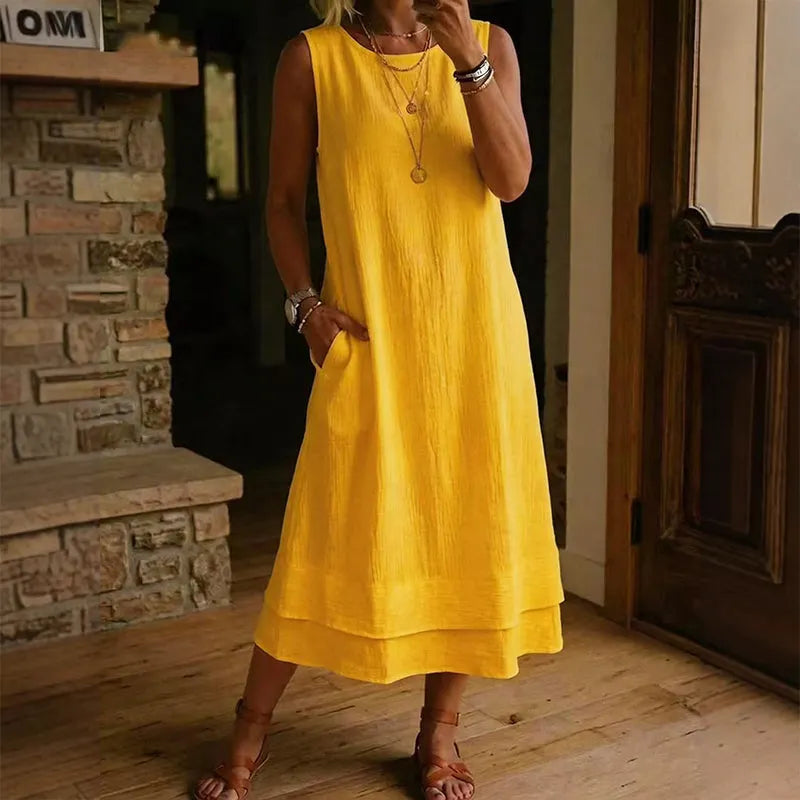 Riselia - Robe midi femme sans manches fluide à volants