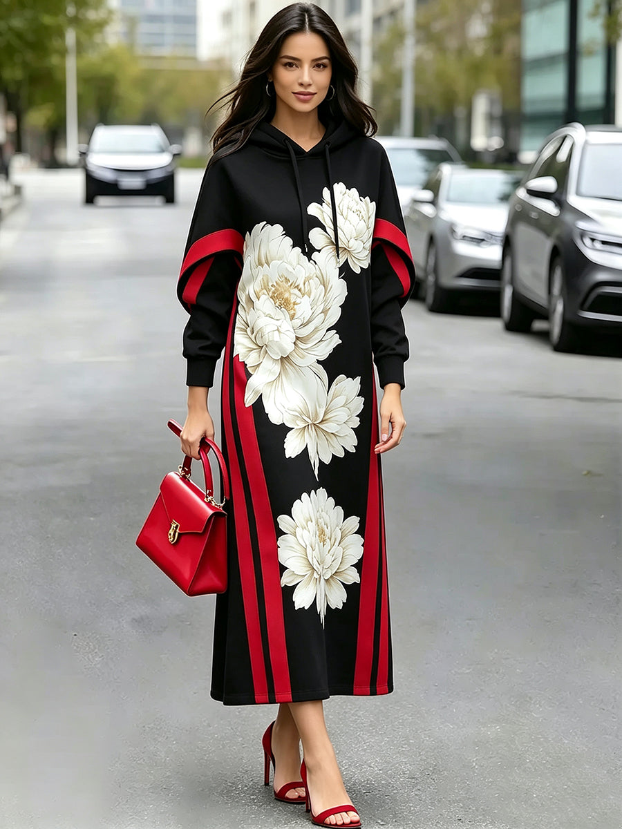 Goedele - Robe longue femme à capuche avec imprimé floral et manches longues