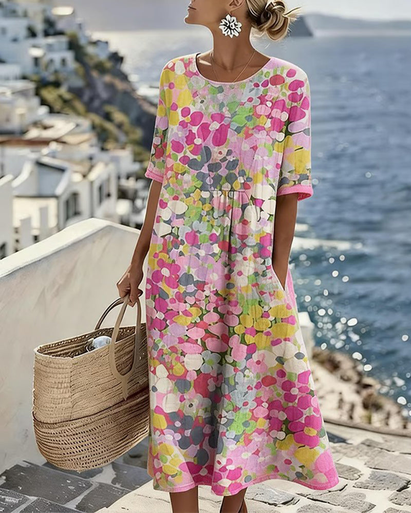 Averixa™ - Robe femme mi-longue imprimé floral abstrait coton lin été