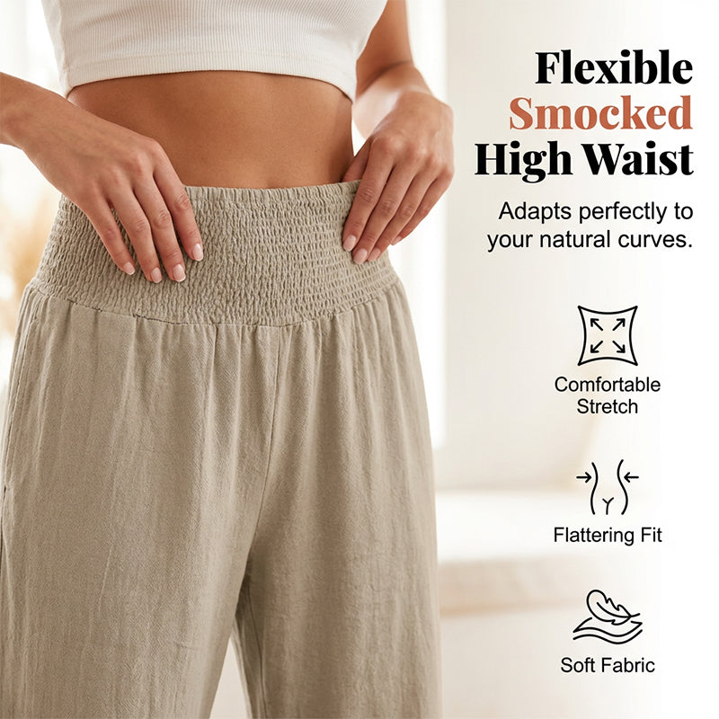 Dorexa™ - Pantalon femme taille haute smockée large coton lin boho