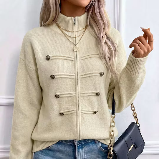 Teuntje - Gilet en maille femme à col montant zippé et boutons décoratifs