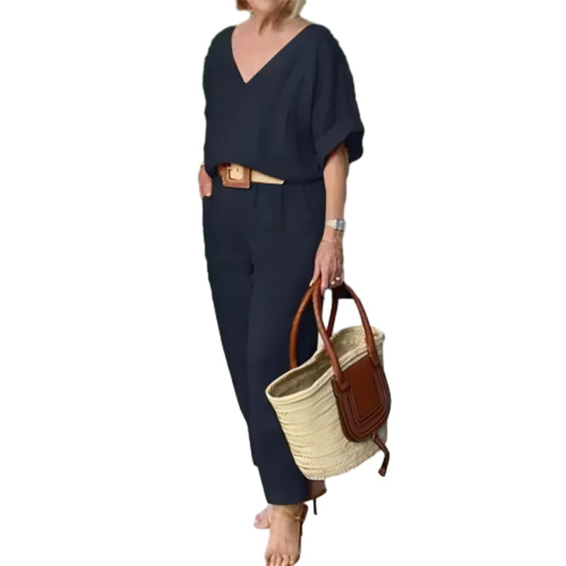 Loxaria™ - Ensemble femme haut col V pantalon poches style décontracté