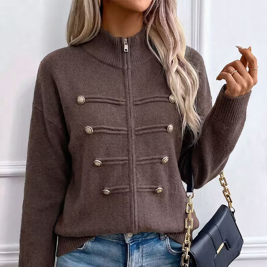 Teuntje - Gilet en maille femme à col montant zippé et boutons décoratifs