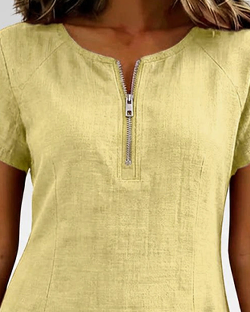 Kovira™ - Robe Courte Coton Lin avec Fermeture Éclair et Poches