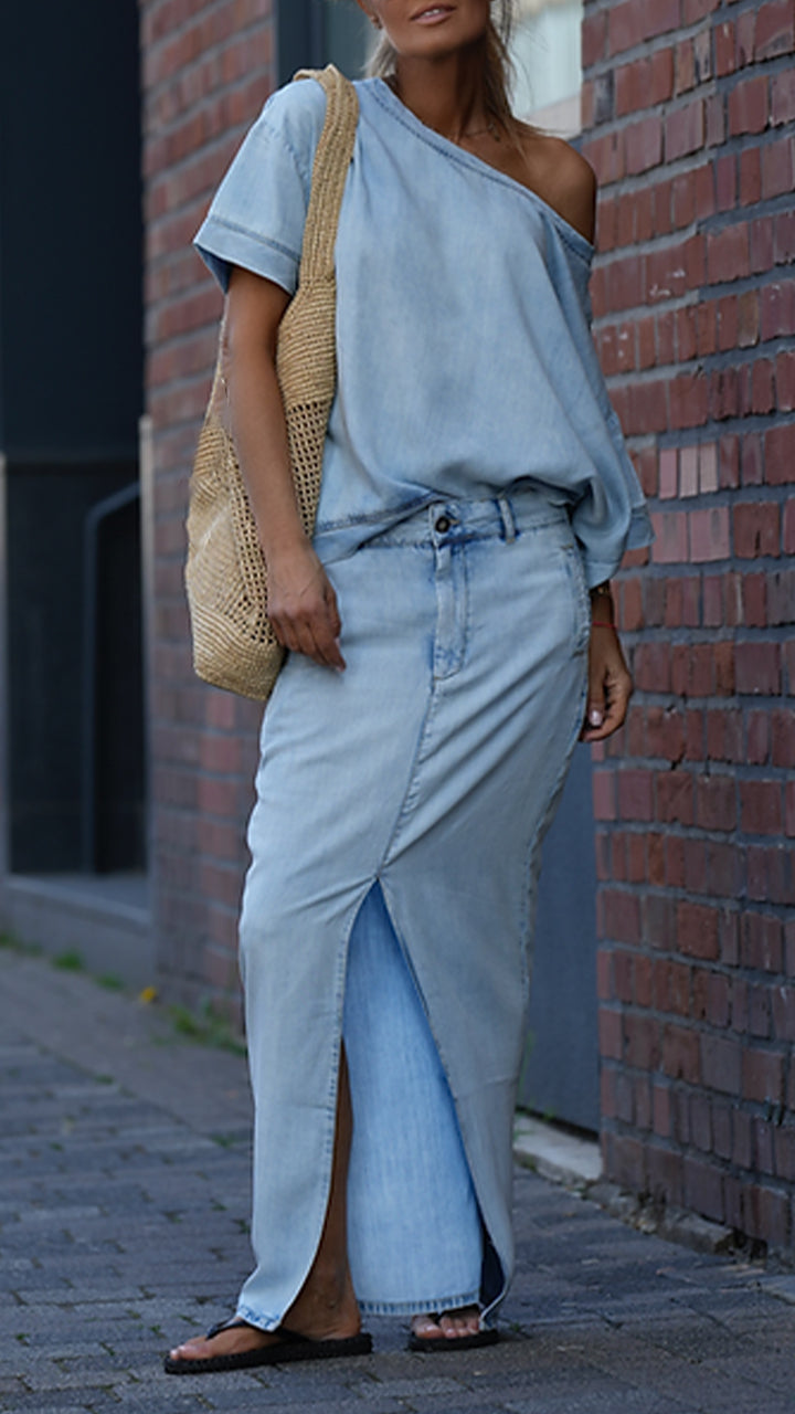 Mireya™ - Ensemble Décontracté Femme en Denim Tencel avec Décolleté Rond