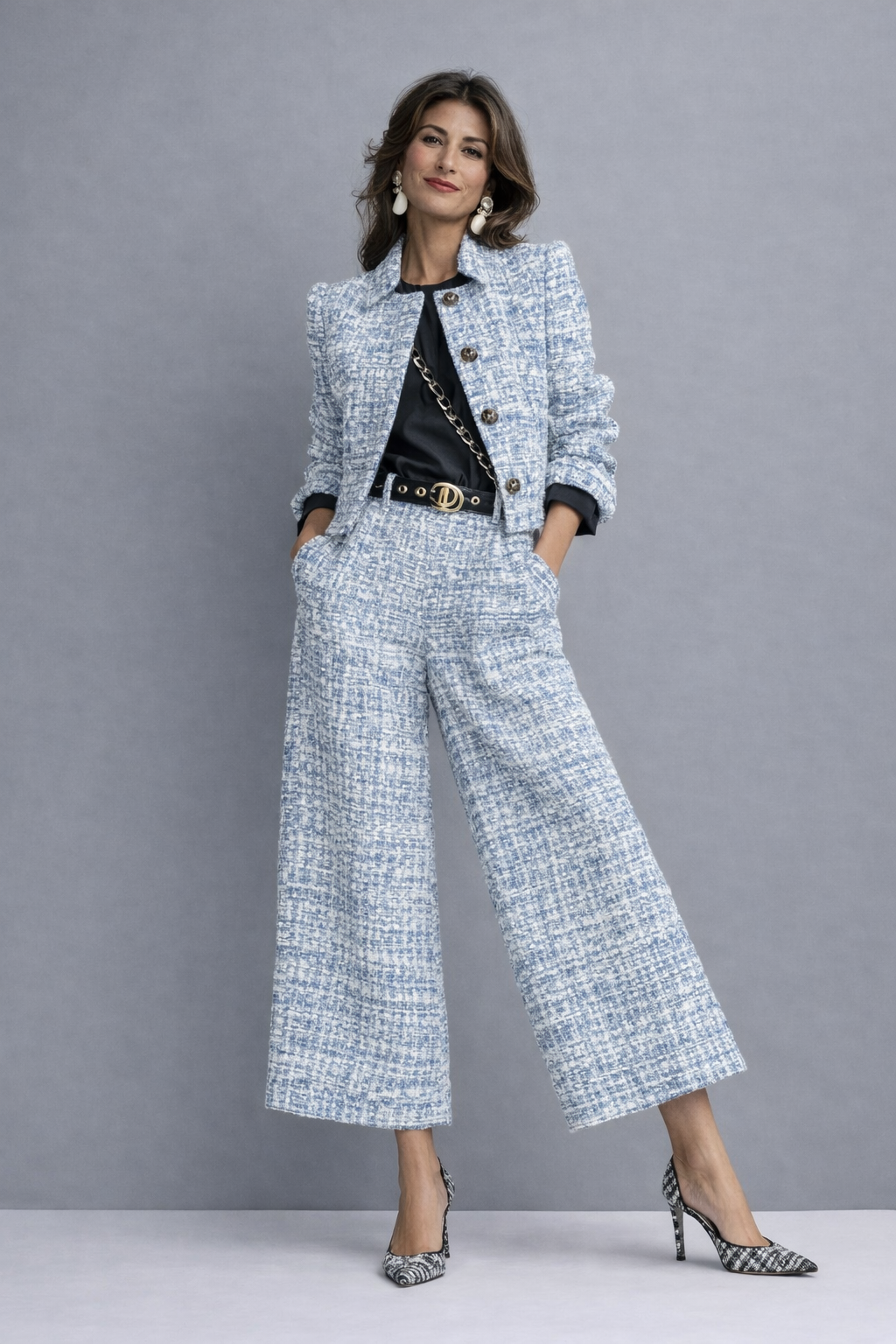Luneth - Ensemble femme en tweed avec veste courte et pantalon large