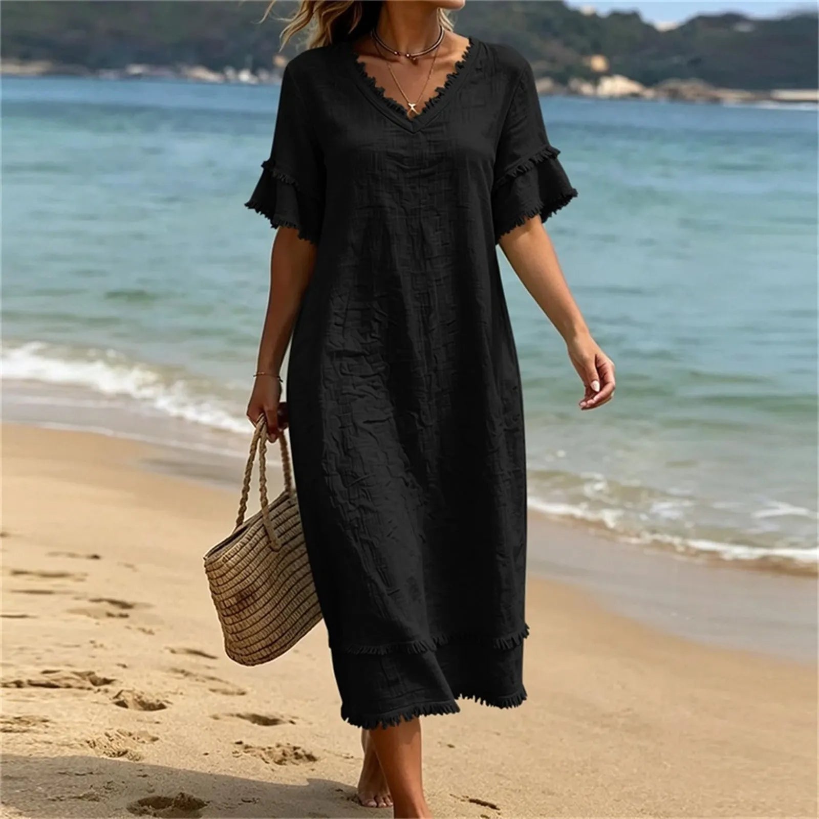 Naelle - Robe femme col V à franges style bohème
