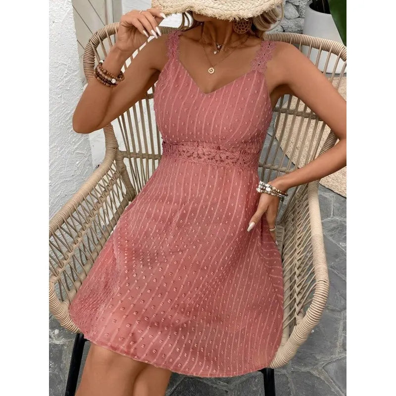 Lysa - Robe mini blanche femme à pois plumetis avec bretelles en dentelle