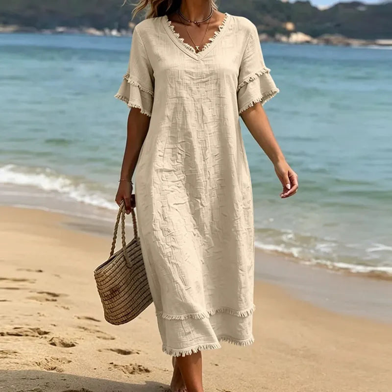 Naelle - Robe femme col V à franges style bohème