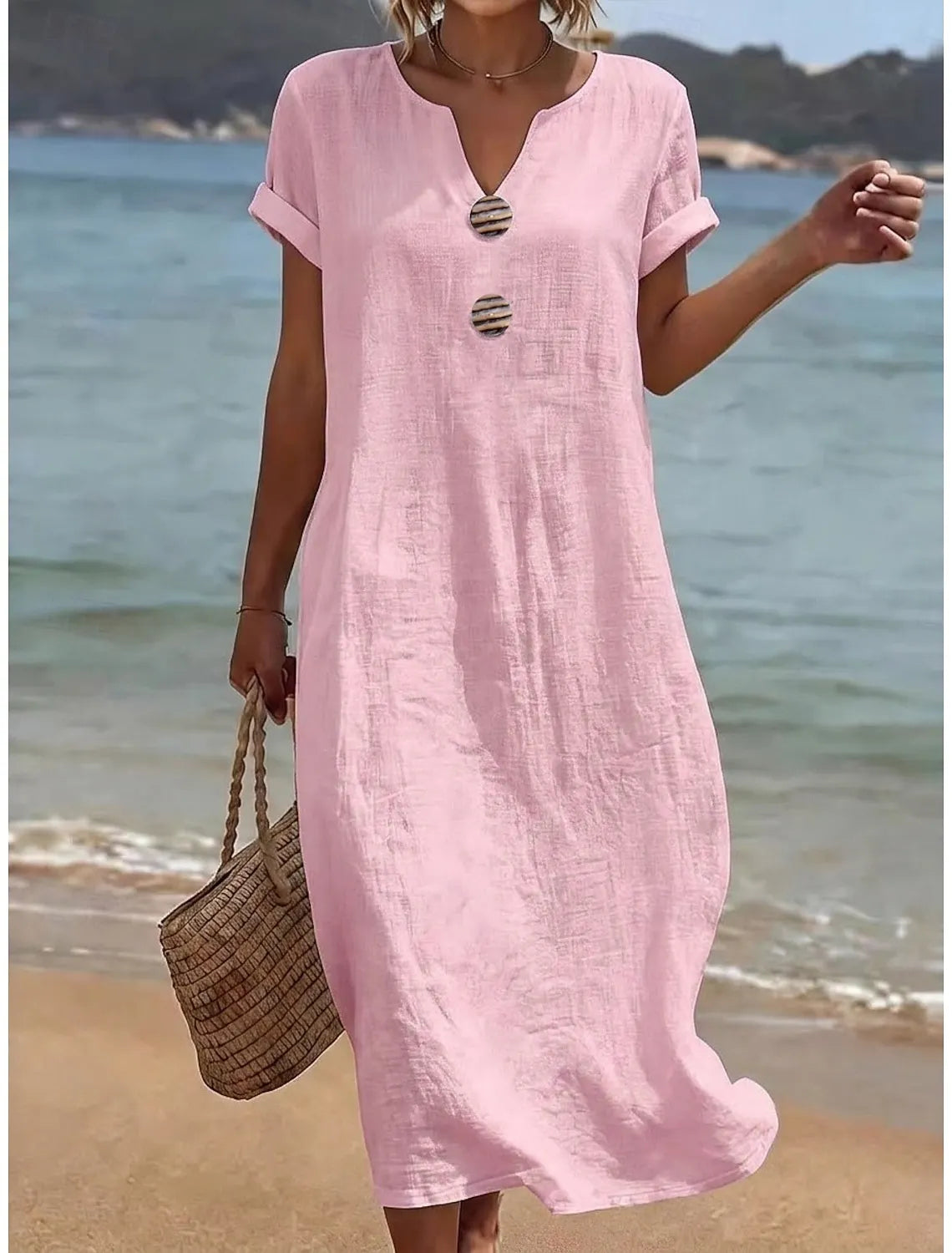 Quinora - Robe longue femme fluide unie avec boutons
