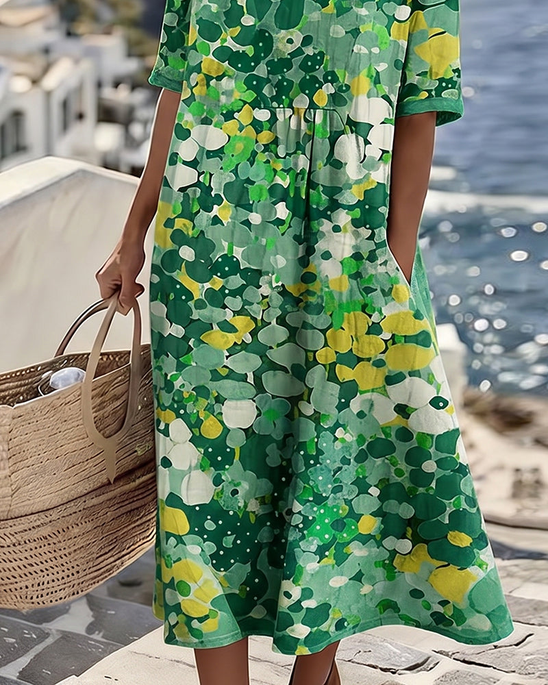 Averixa™ - Robe femme mi-longue imprimé floral abstrait coton lin été
