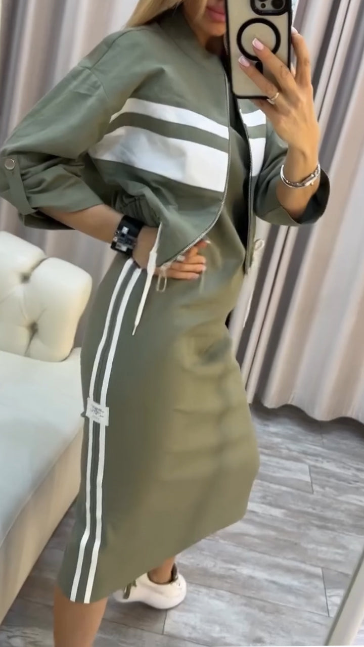 Pravella™ - Ensemble femme casual-chic avec robe midi à col rond et veste zippée