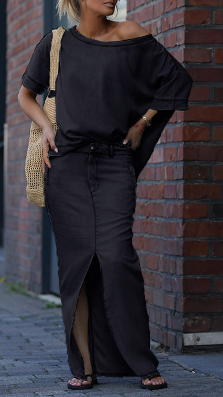 Mireya™ - Ensemble Décontracté Femme en Denim Tencel avec Décolleté Rond