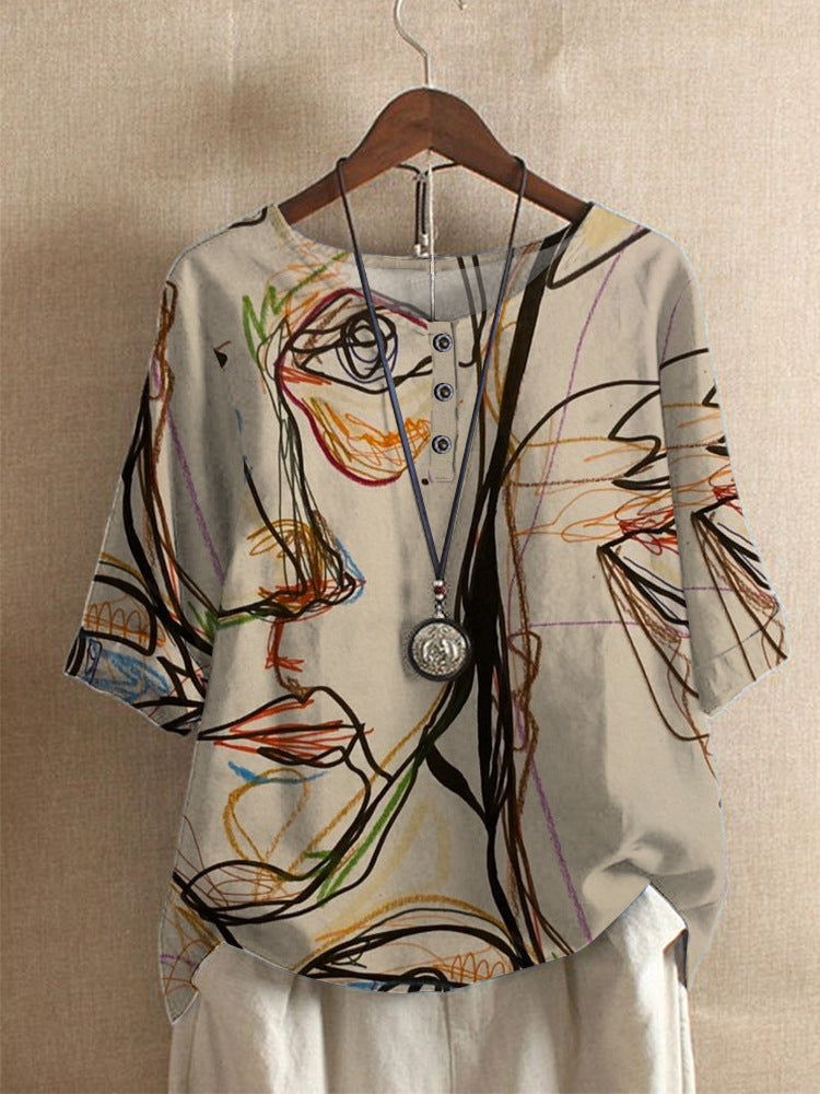 Averitha™ - T-shirt femme artistique imprimé à manches 3/4 et col rond