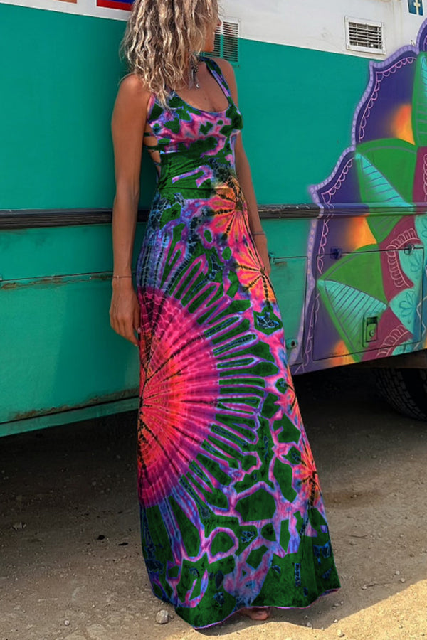 Junaria™ - Robe maxi avec imprimé tie-dye, lacée à l'arrière, extensible (avec soutien-gorge intégré)