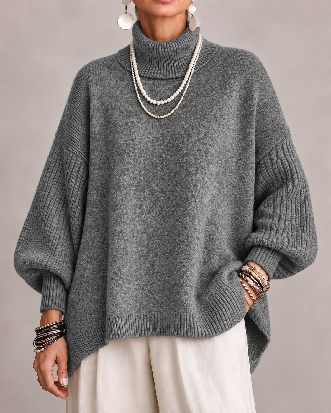 Olympe - Pull col roulé femme oversize à manches côtelées
