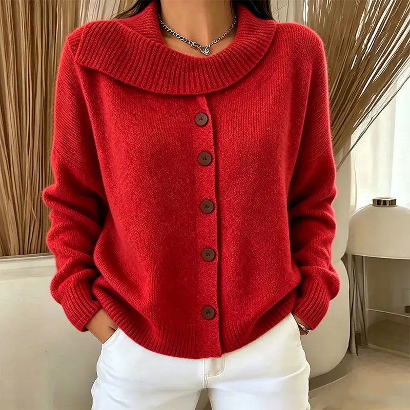Cornelia - Cardigan femme en maille boutonné à col irrégulier