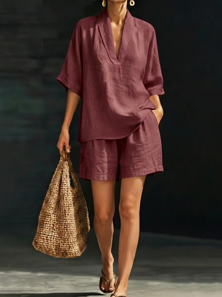 Kovelle™ - Ensemble Femme Deux Pièces Coton Décolleté V Short Coupe Ample