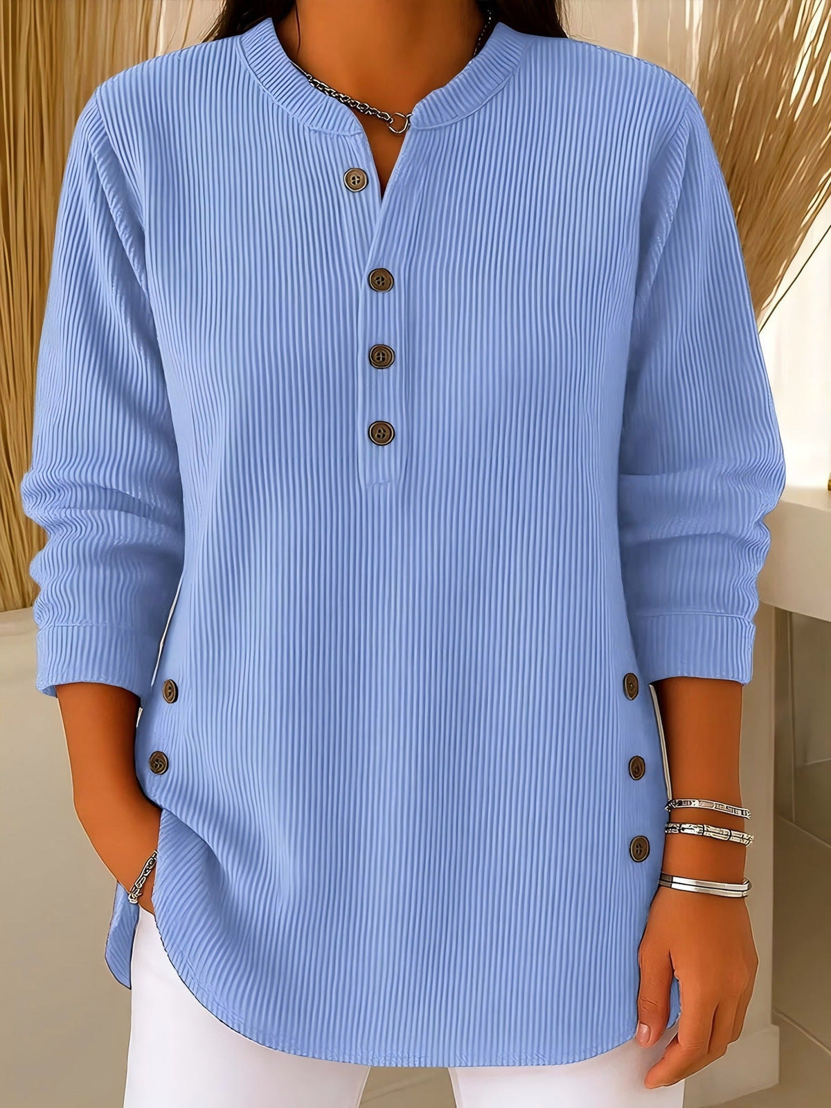 Noortje - Blouse femme texturée à boutons latéraux et manches longues
