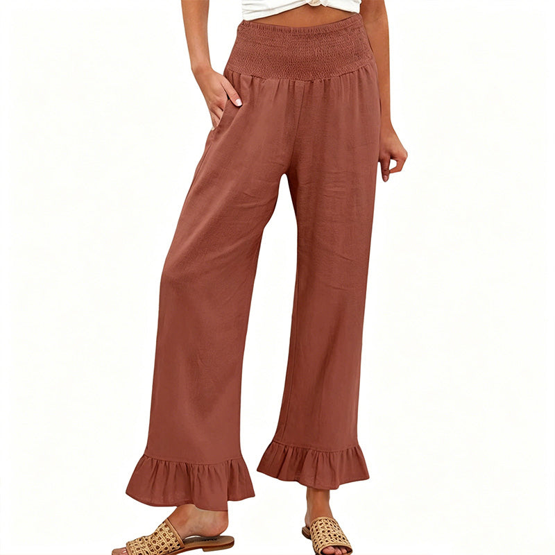 Dorexa™ - Pantalon femme taille haute smockée large coton lin boho