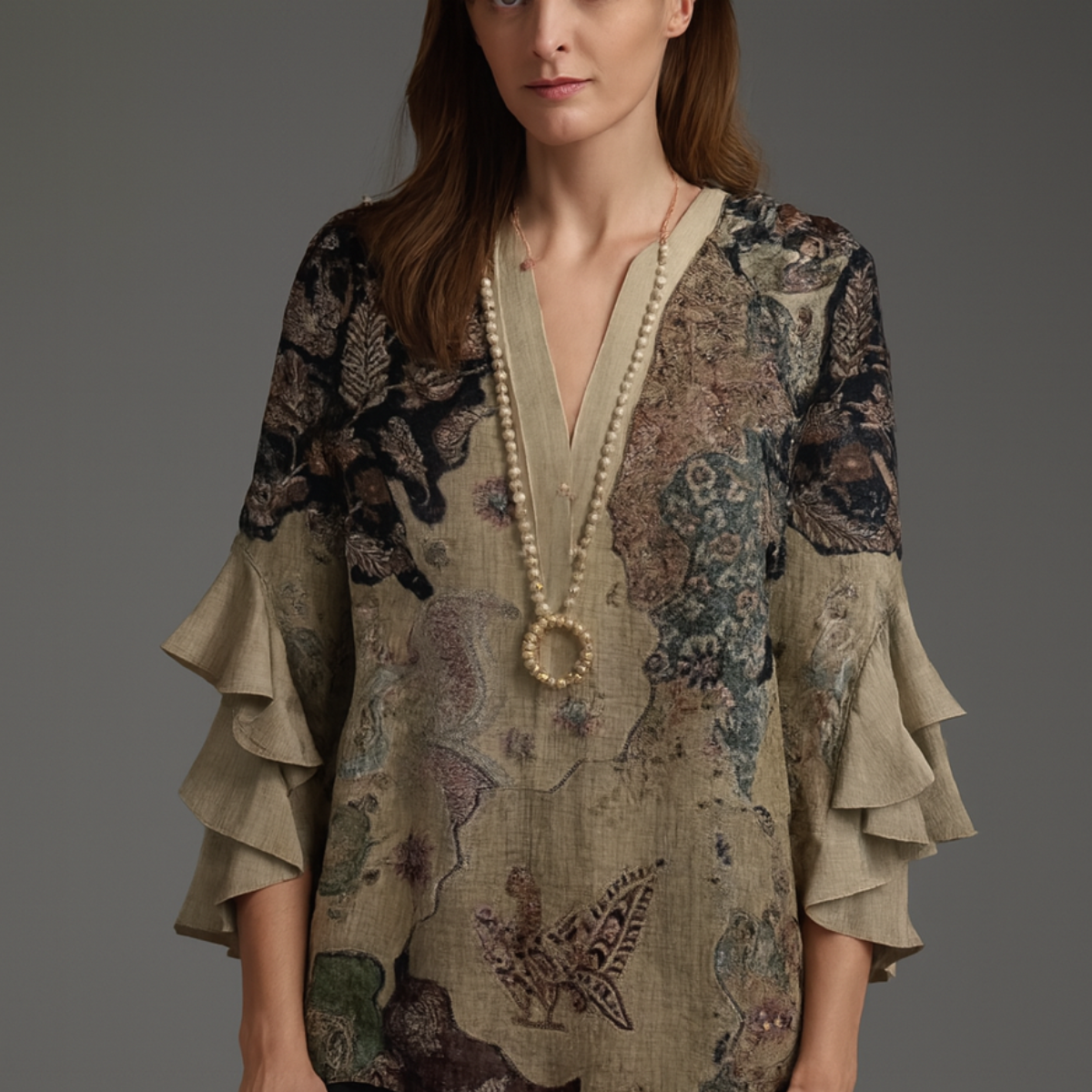 Faylissora – Blouse Ample Élégante à Col V Imprimé Artistique