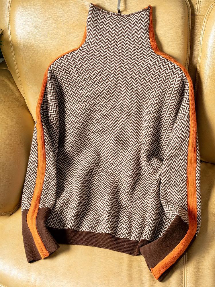 Marivelle™ - Pull à col montant pour femme avec rayures contrastées