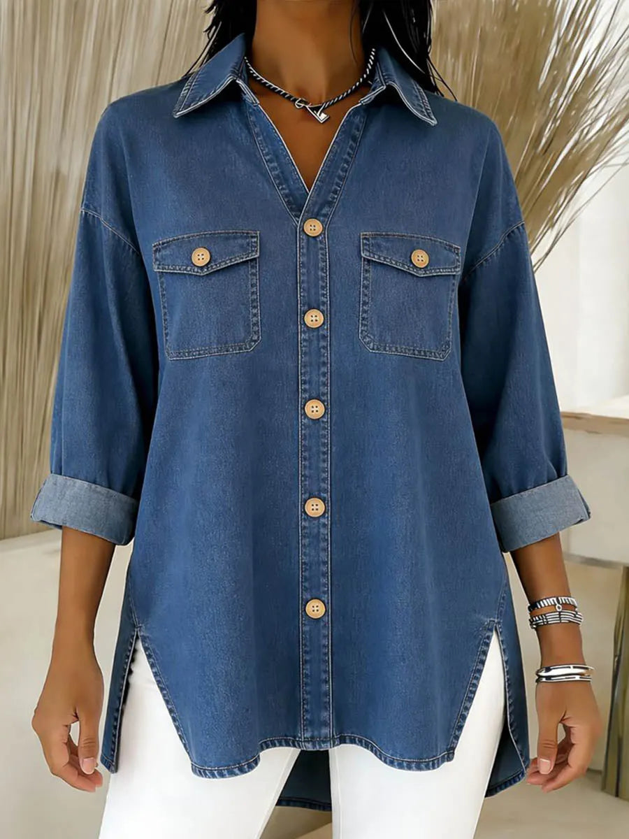 Cléa - Chemise longue femme en denim à coupe ample et poches poitrine