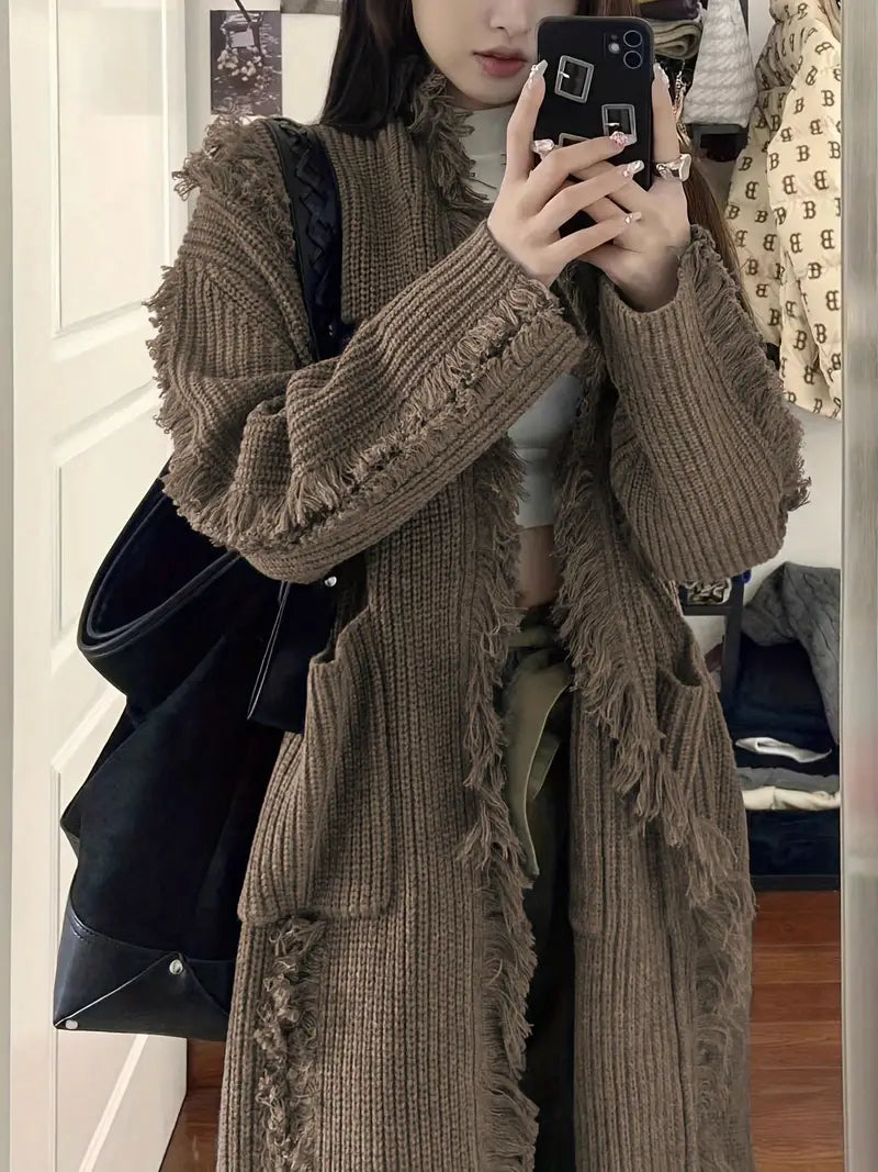 Reine™ - Cardigan Long à Franges – Style Décontracté et Tendance