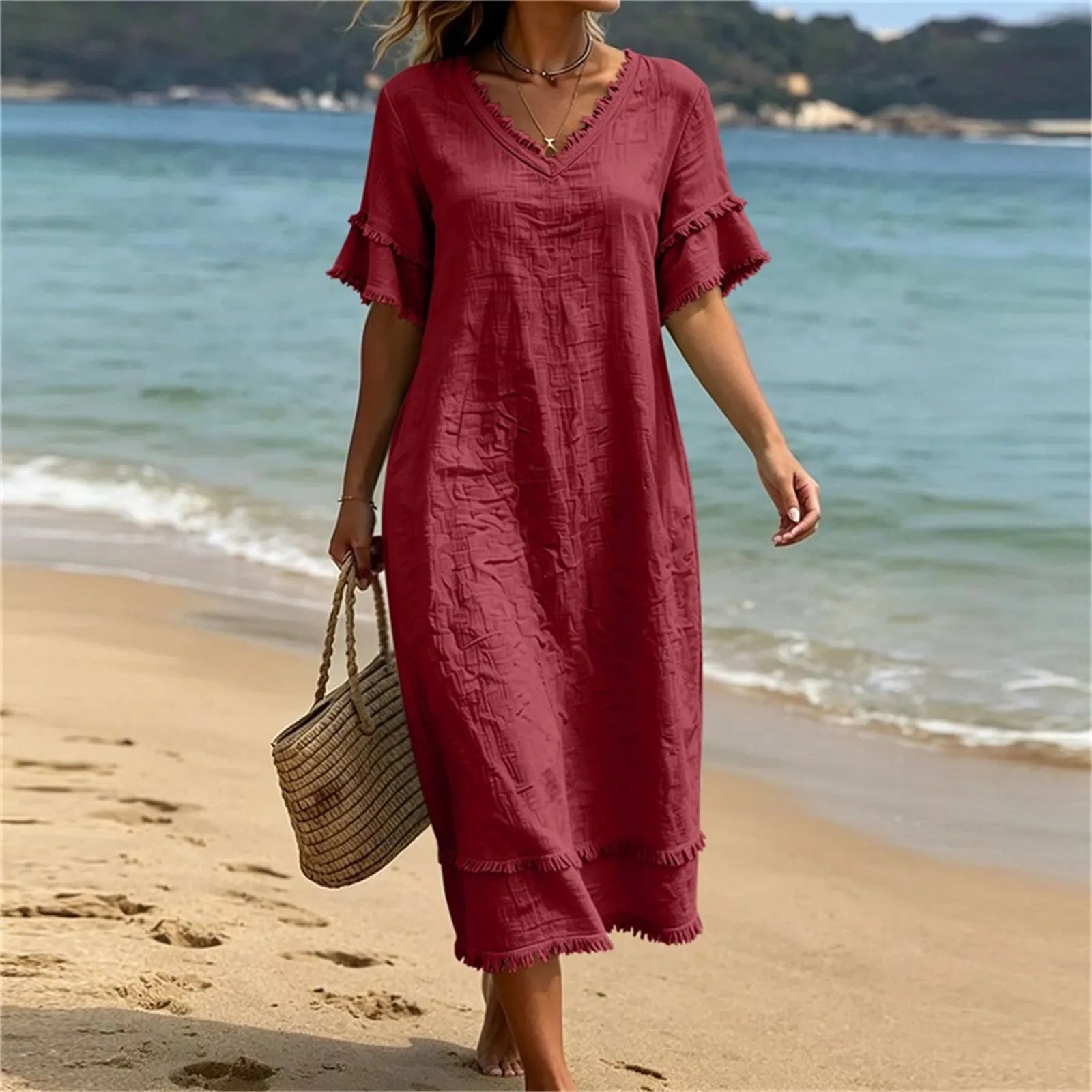 Naelle - Robe femme col V à franges style bohème