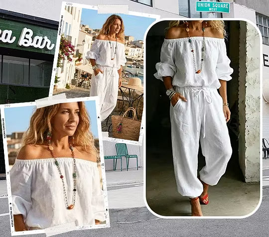 Brixavelle - Combinaison femme à épaules dénudées avec taille nouée en coton