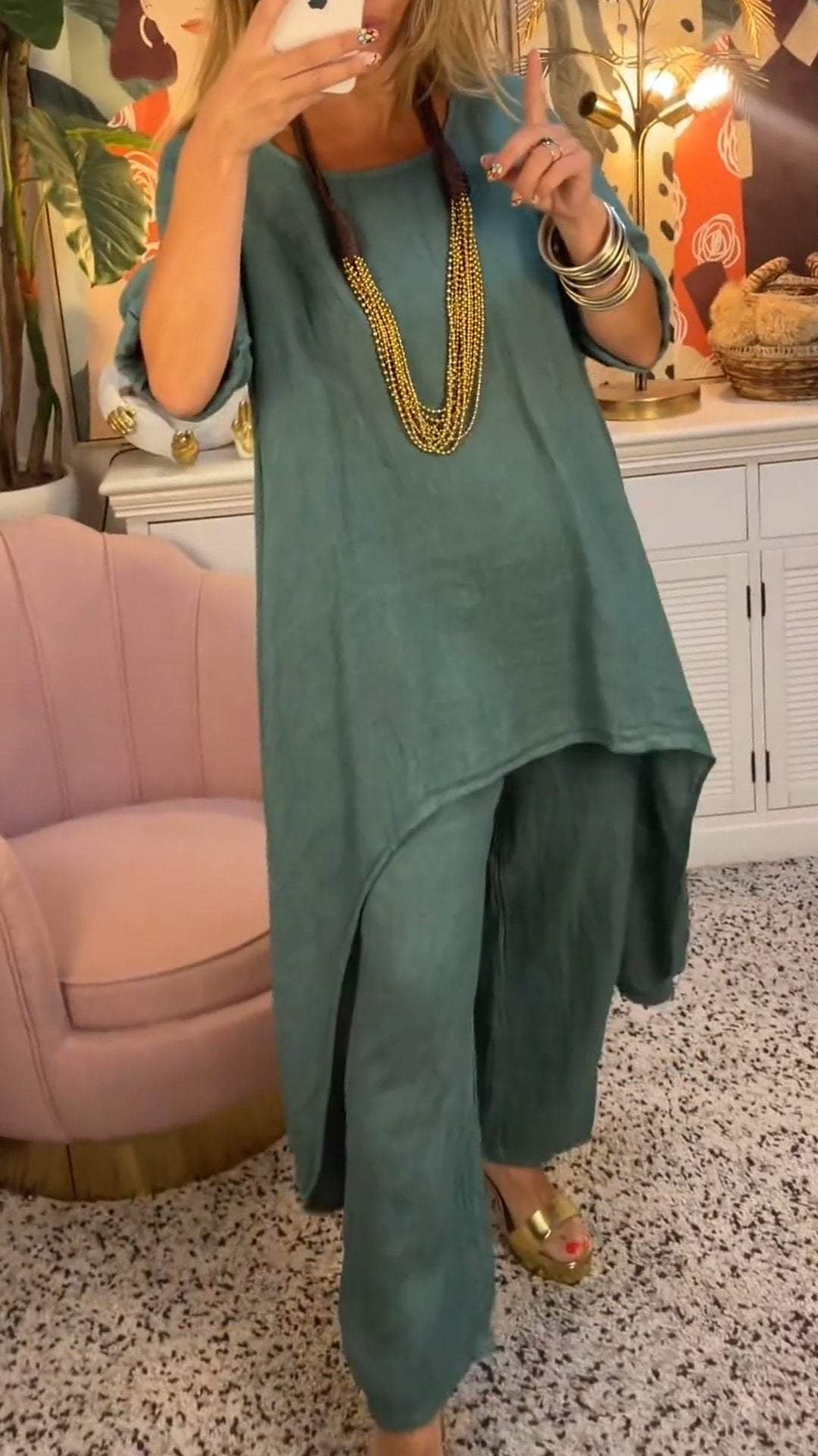 Melantha™ - Ensemble Deux Pièces Coton et Lin à Décolleté Rond Manches Longues