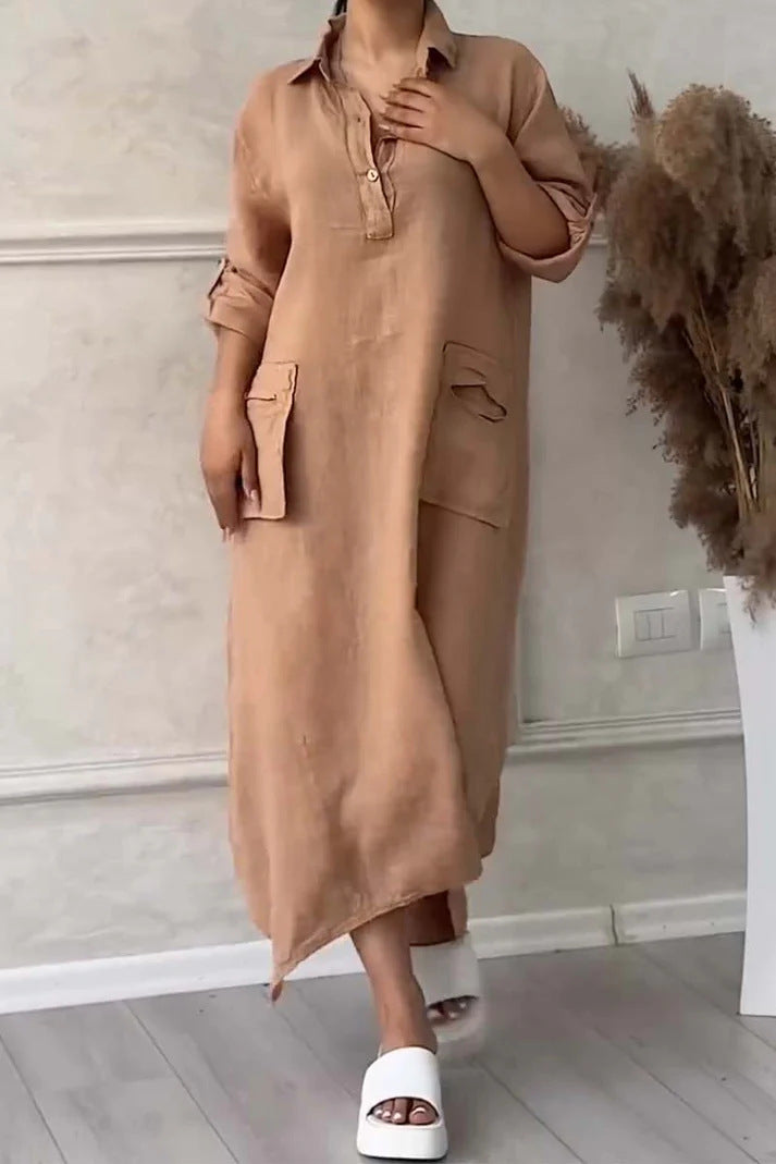 Leontine™ - Robe maxi femme en lin et coton avec revers