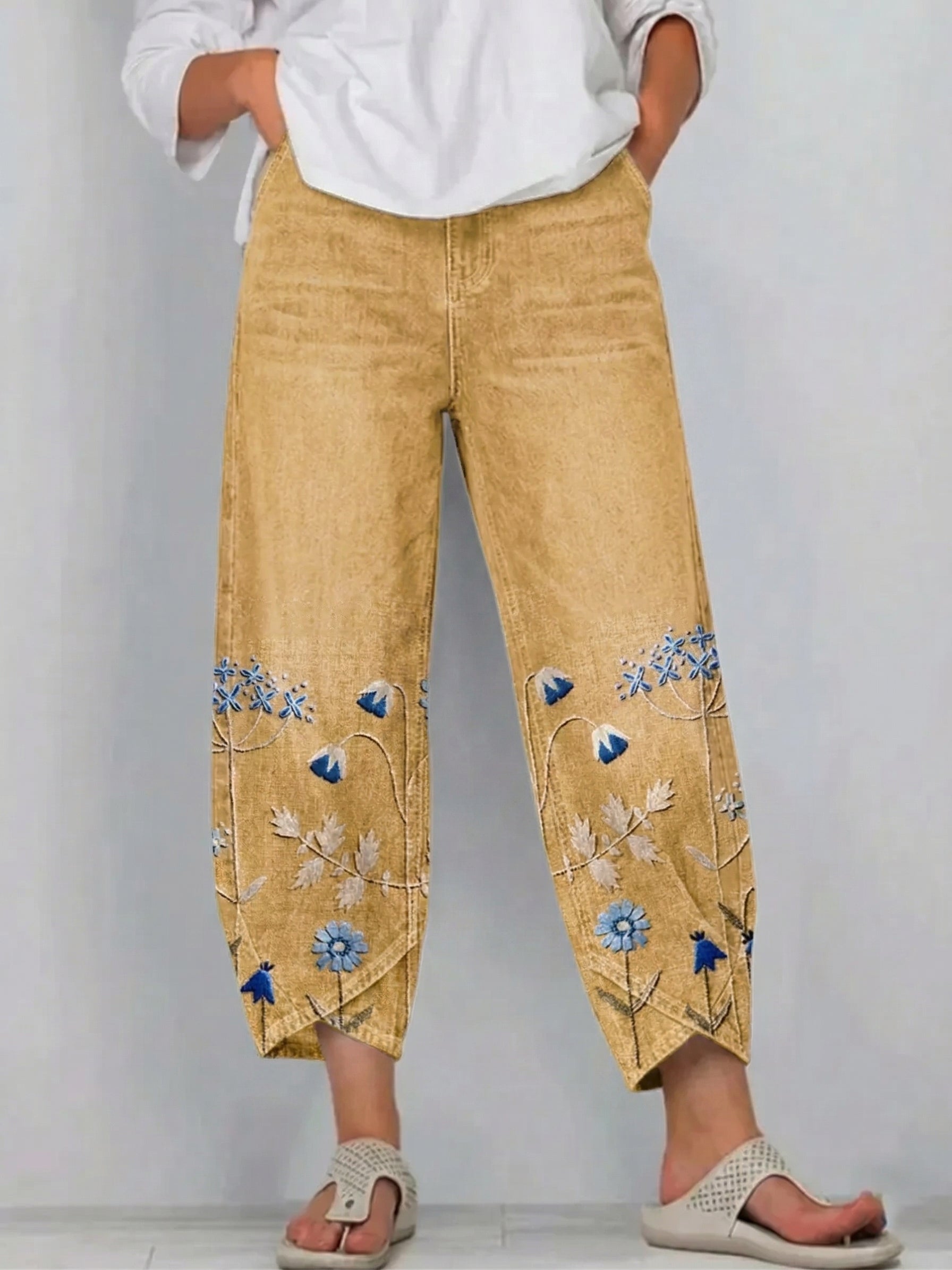 Fiorixa™ - Pantalon femme denim broderie florale coupe droite casual