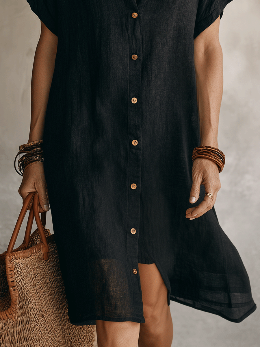 Quenovia™ - Robe chemise femme midi lin coton boutonnée manches courtes