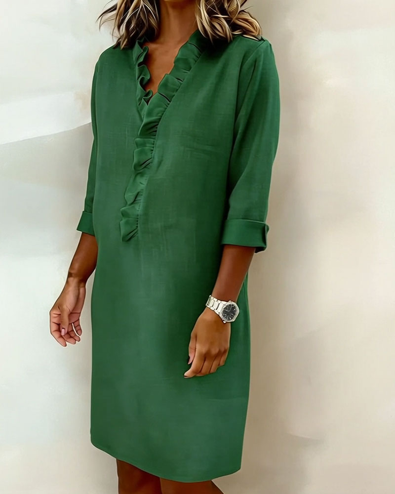 Ophivyn™ - Robe femme col V à volants coupe droite style décontracté