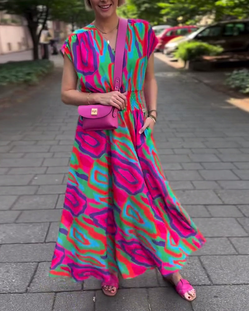 Roxana™ - Robe longue à imprimé coloré avec décolleté en V et manches raglan