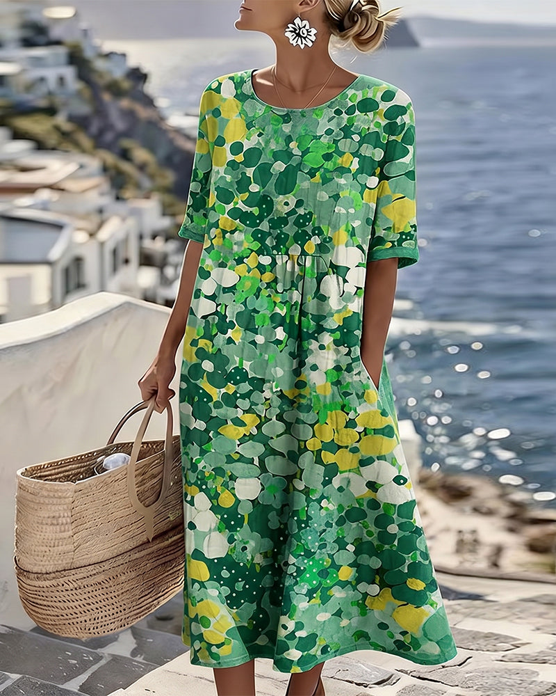 Averixa™ - Robe femme mi-longue imprimé floral abstrait coton lin été