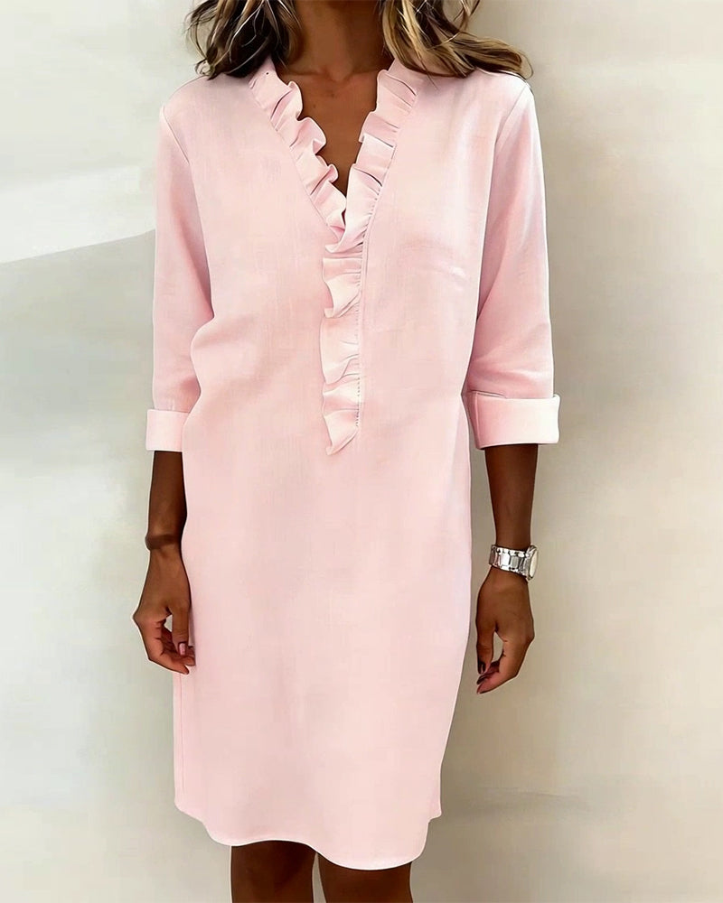 Ophivyn™ - Robe femme col V à volants coupe droite style décontracté