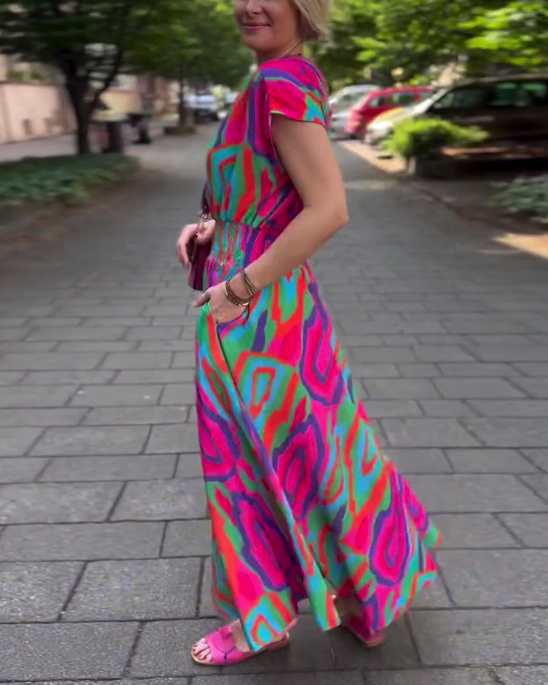 Roxana™ - Robe longue à imprimé coloré avec décolleté en V et manches raglan