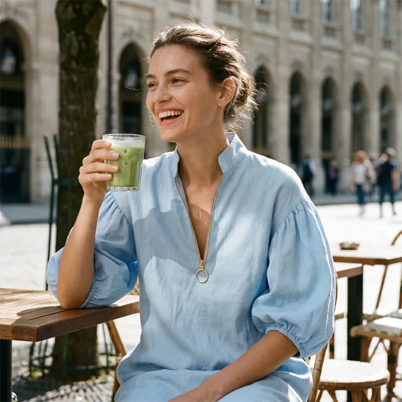 Aislin - Robe femme à manches bouffantes avec col montant