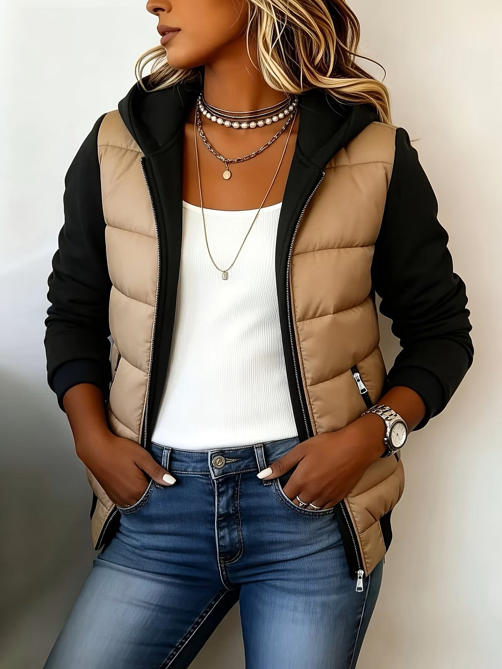 Roosje - Veste matelassée femme à capuche et manches longues bicolores