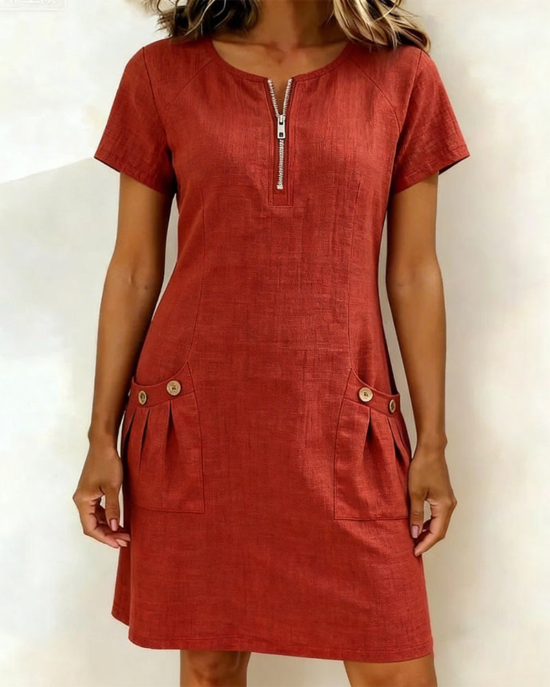 Kovira™ - Robe Courte Coton Lin avec Fermeture Éclair et Poches