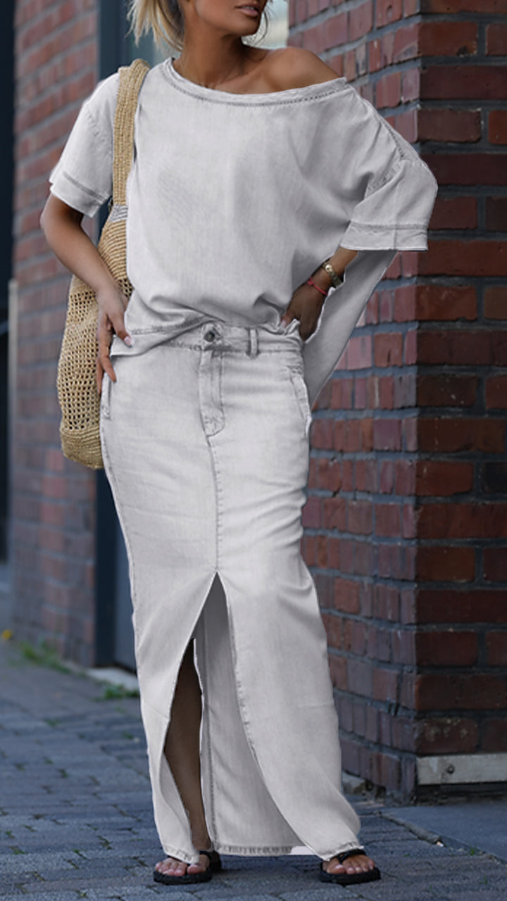 Mireya™ - Ensemble Décontracté Femme en Denim Tencel avec Décolleté Rond