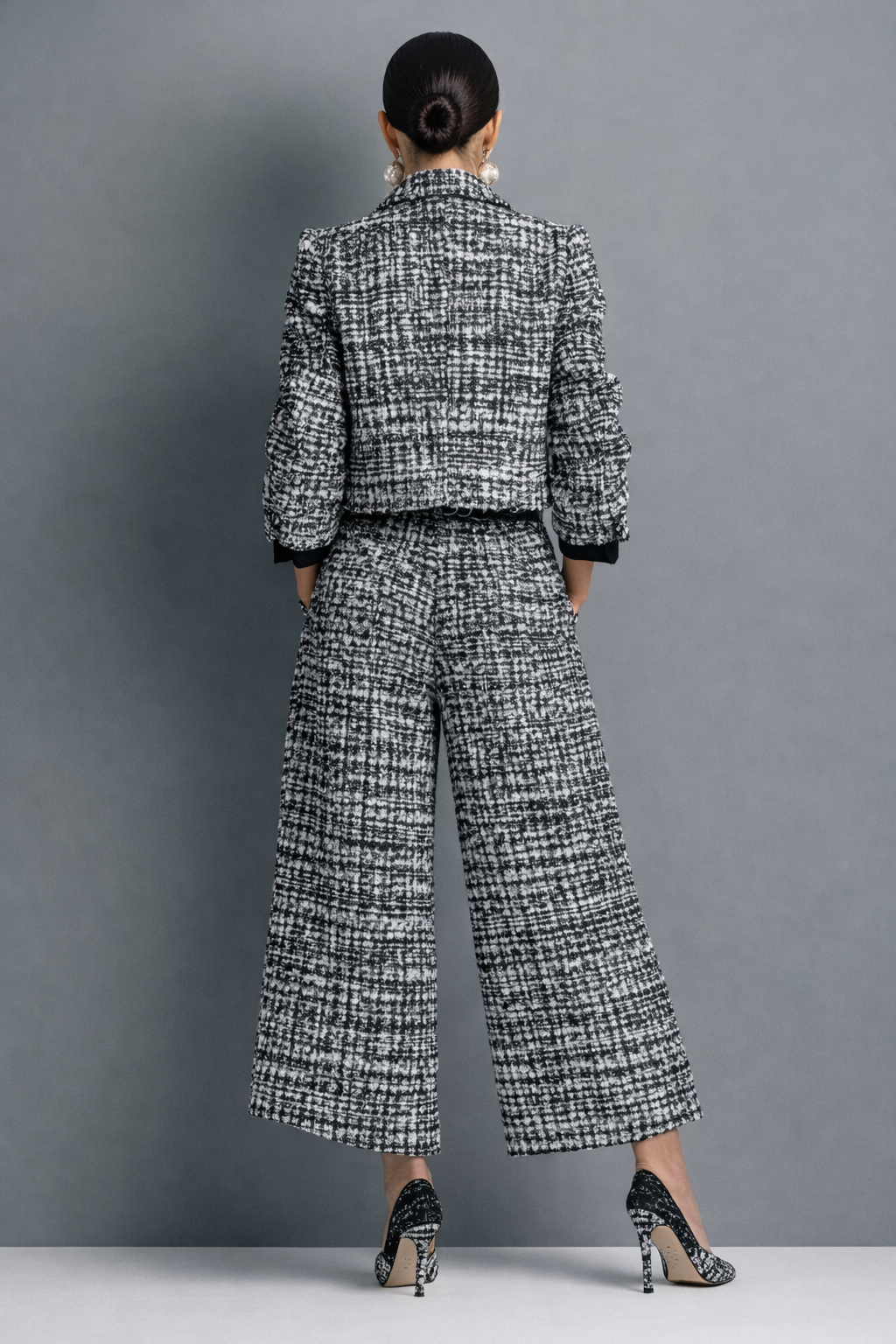 Luneth - Ensemble femme en tweed avec veste courte et pantalon large