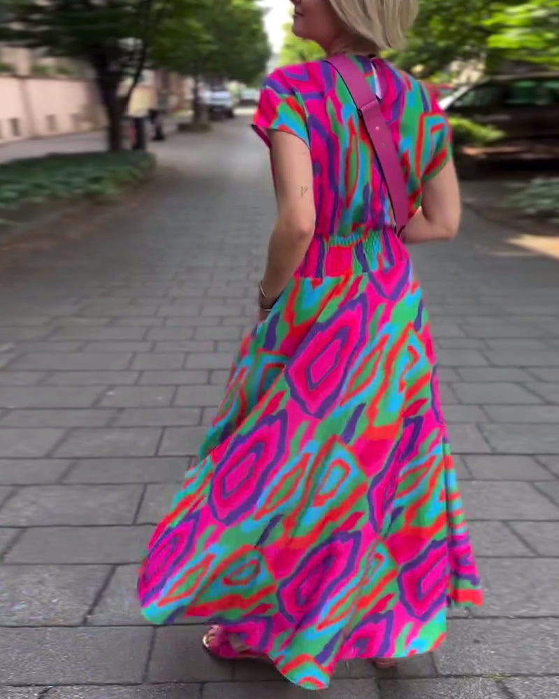 Roxana™ - Robe longue à imprimé coloré avec décolleté en V et manches raglan