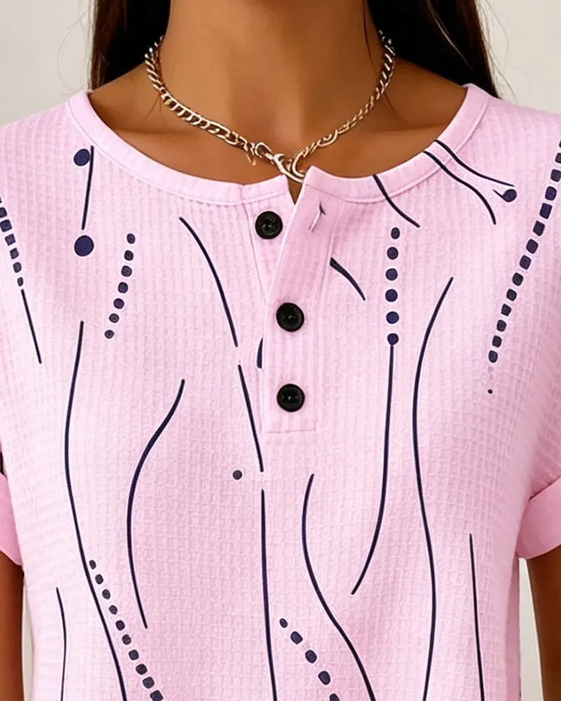 Zelynn - T-shirt femme imprimé à manches courtes avec boutons